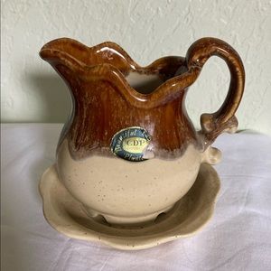 Beautiful Country CDP Corp. Planter Attached Saucer Brown Dripped Glaze pottery